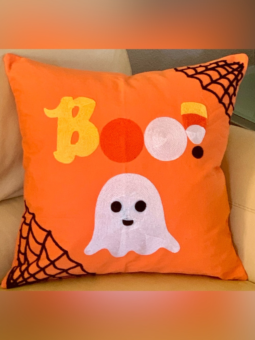 Cute 100% Cotton Orange Embroidered Halloween Ghost BOO Candy Corn Spider Webs